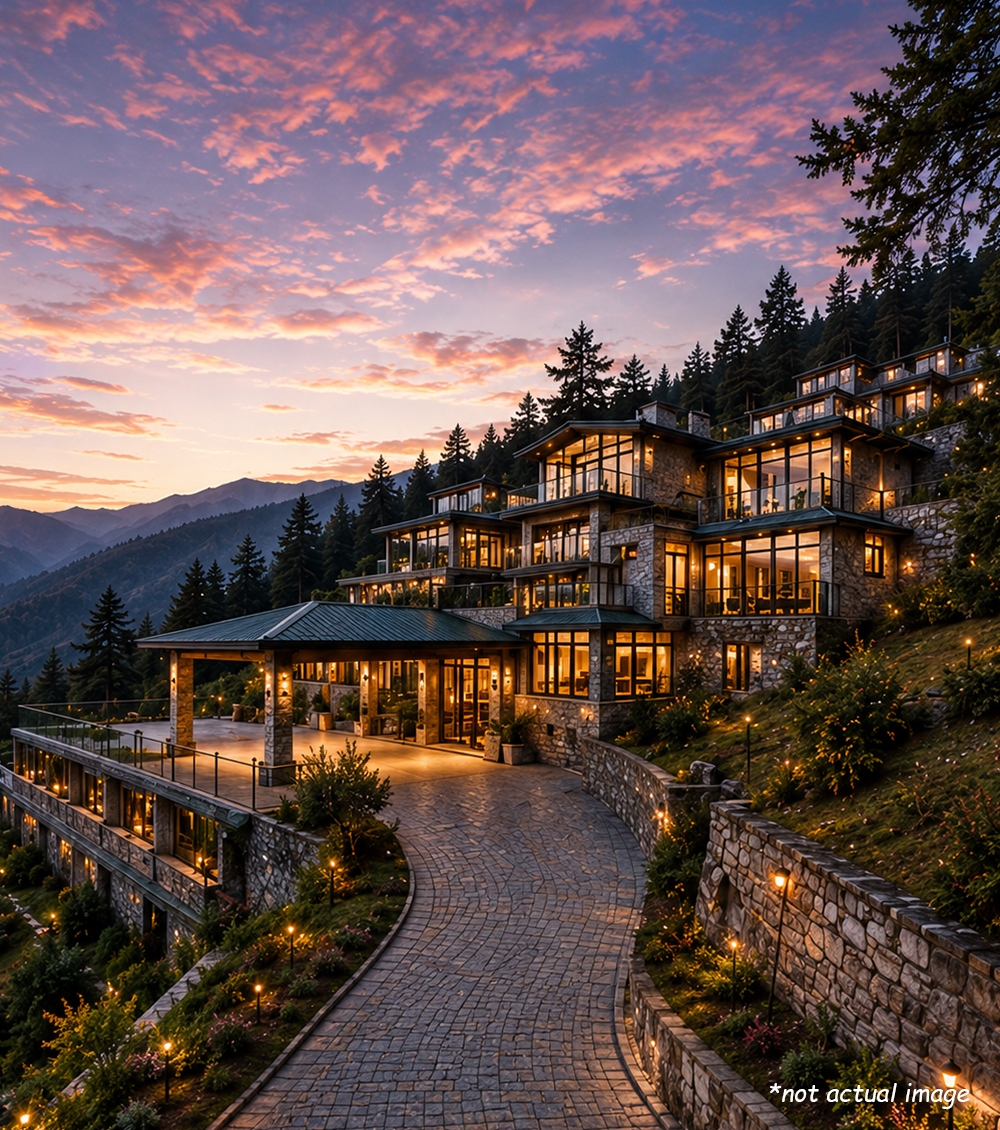 Himachal Pradesh Kufri Hillside Luxury Sanctuary Resort Exterior and Himalayan Peaks